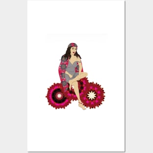 Beautiful gypsy woman on pink flower cart Posters and Art